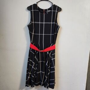 Danny & Nicole‎ Black White Plaid Sleeveless A-Line Dress with Red Belt Size 14